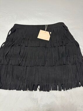 Kittenish Black Layered Fringe Mini Skirt